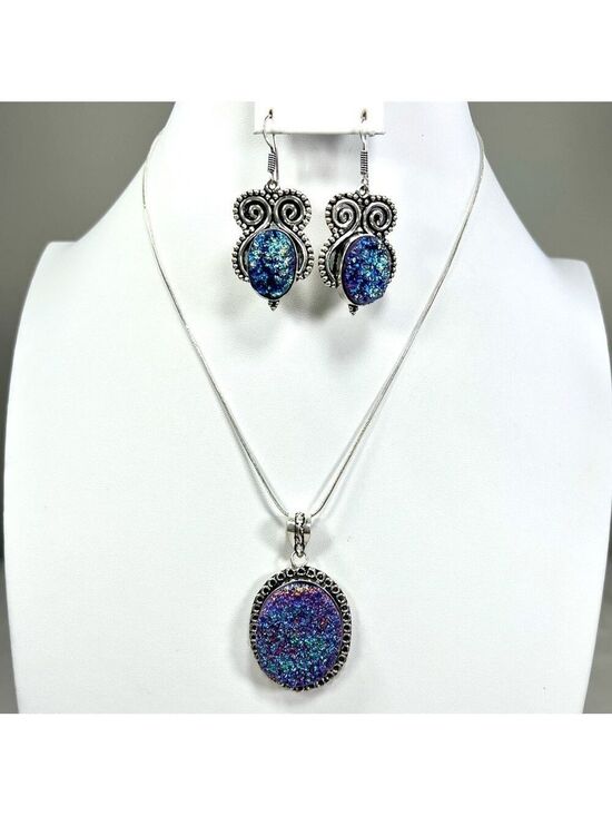Jewelry - Titanium Druzy 925 Pendant & Earrings Set